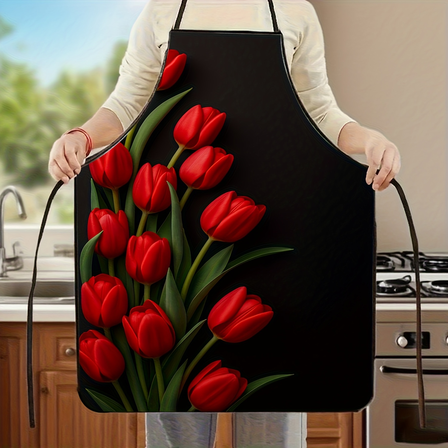 1pc Red Tulip Flower Apron Bla - Kitchen Baking Background 评论和价格
